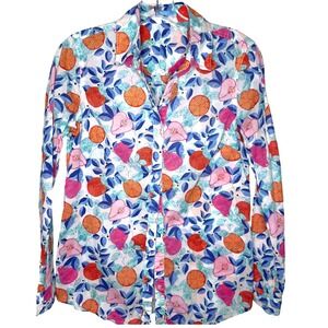 J.McLaughlin Button-Up Top Long‎ Sleeve Cotton Red Pink Orange Blue Preppy  XS